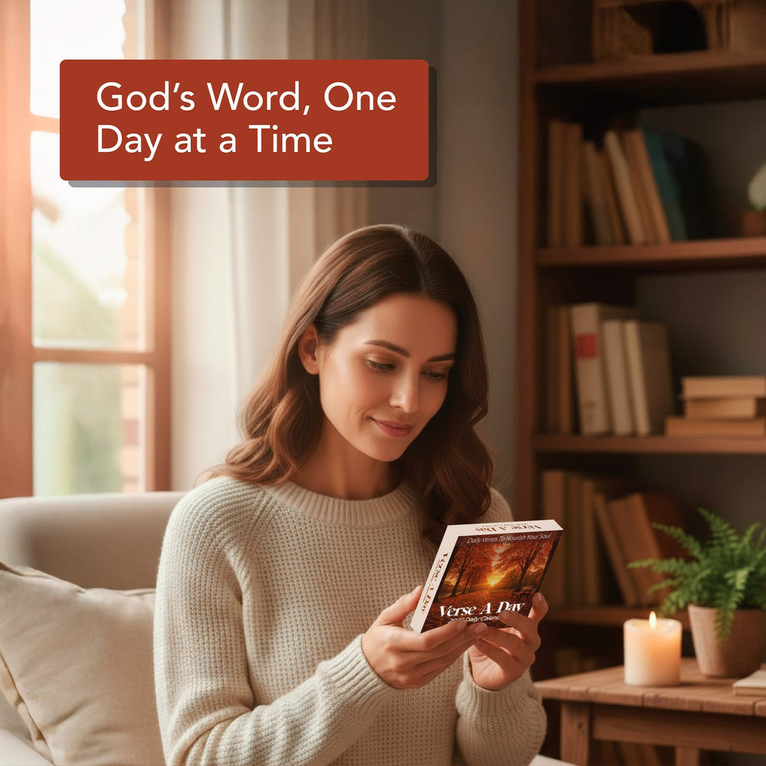 A woman holding a Bible Verse Calendar