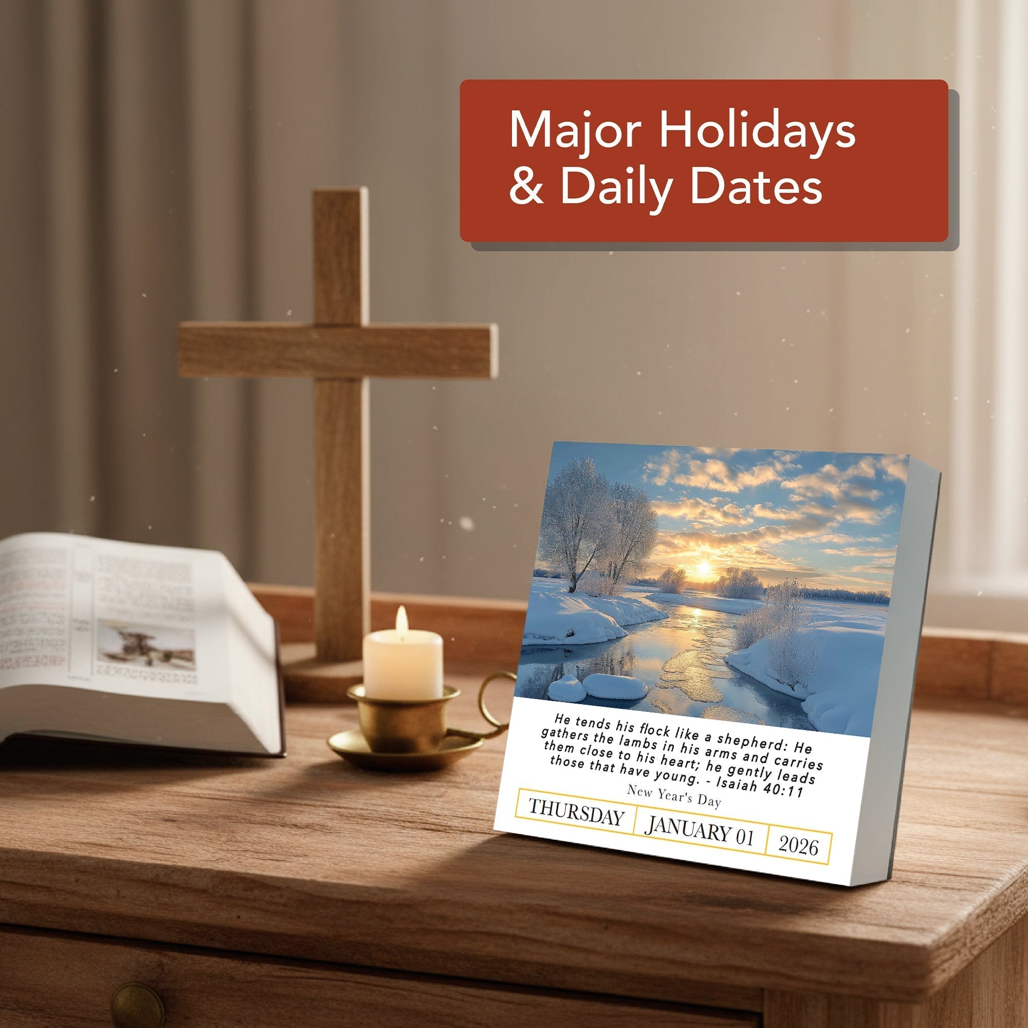Christian Calendar and Cross on the table