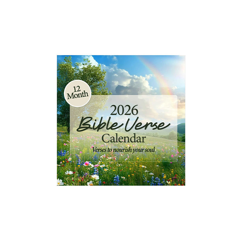 2026 Bible Verse Calendar cover with a field of wildflowers, a rainbow, and seasonal landscape images on the side, each featuring a Bible verse and nature scene.