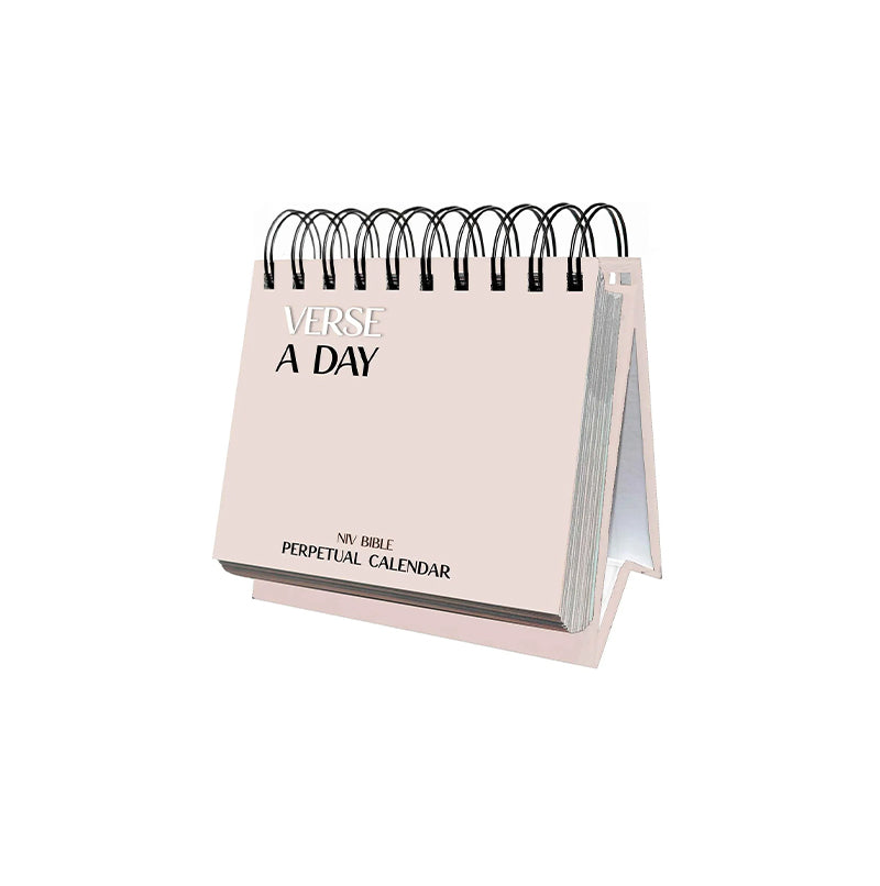 A beige box and matching spiral-bound NIV Bible perpetual calendar, both labeled "Verse A Day" in bold black and white text.