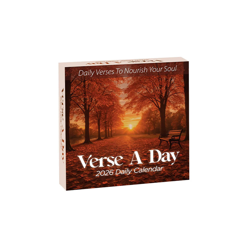 A 2026 daily calendar titled "Verse A Day" features an autumn park scene with benches and trees with red leaves; a sample page shows a Bible verse and a snowy landscape.
