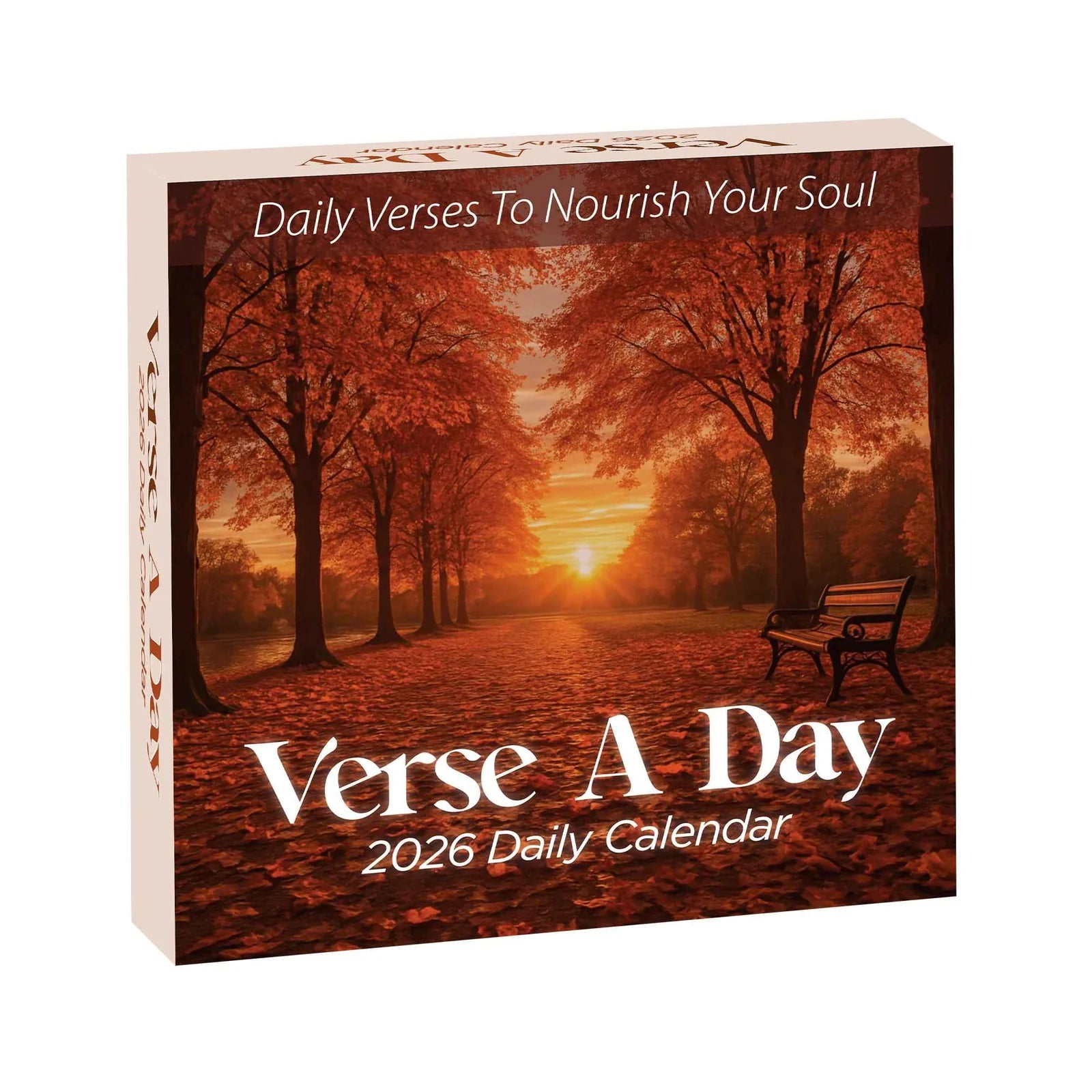 The 2026 A Verse A Day Calendar by HannahFaithstore features mindful verses and a cover with a park bench and autumn sunset—an ideal daily inspiration and mindfulness gift.