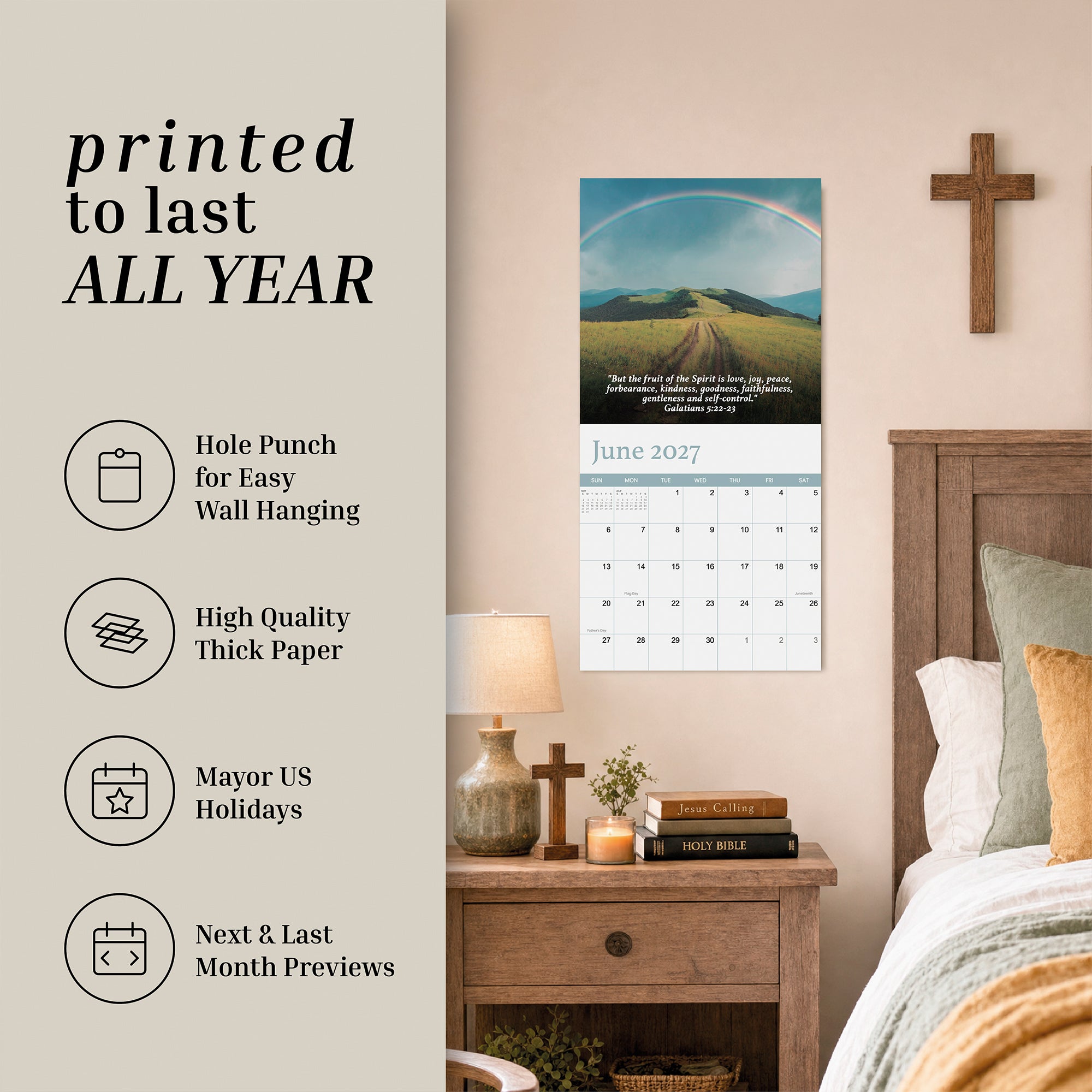 A 2027 Religious Wall Calendar by HannahFaithstore hangs above a wooden nightstand adorned with a lamp, books, and decorative items; text on the left side of the image highlights the calendar’s faith-inspired features, making it an uplifting gift for any room.