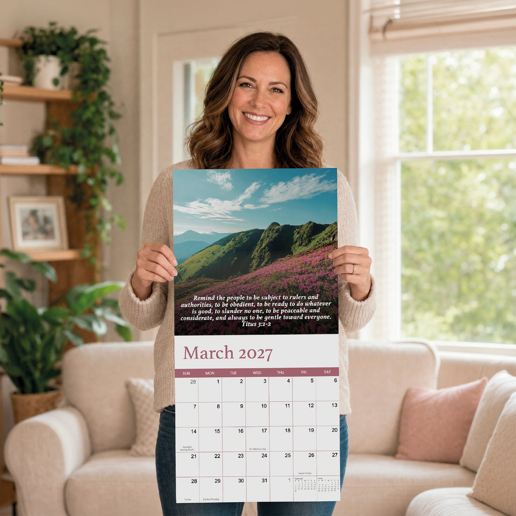 A woman stands in a living room holding the HannahFaithstore 2027 Religious Wall Calendar open to March, which showcases a photo of green mountains, purple flowers, and an uplifting scripture—making it an ideal faith-based gift.