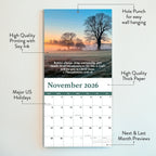 The 2026 Religious Wall Calendar by HannahFaithstore showcases scenic landscapes, inspiring Bible verses, highlighted holidays, monthly previews, notes sections, quality printing and paper, and an easy-to-hang design. Opens to November 2026.