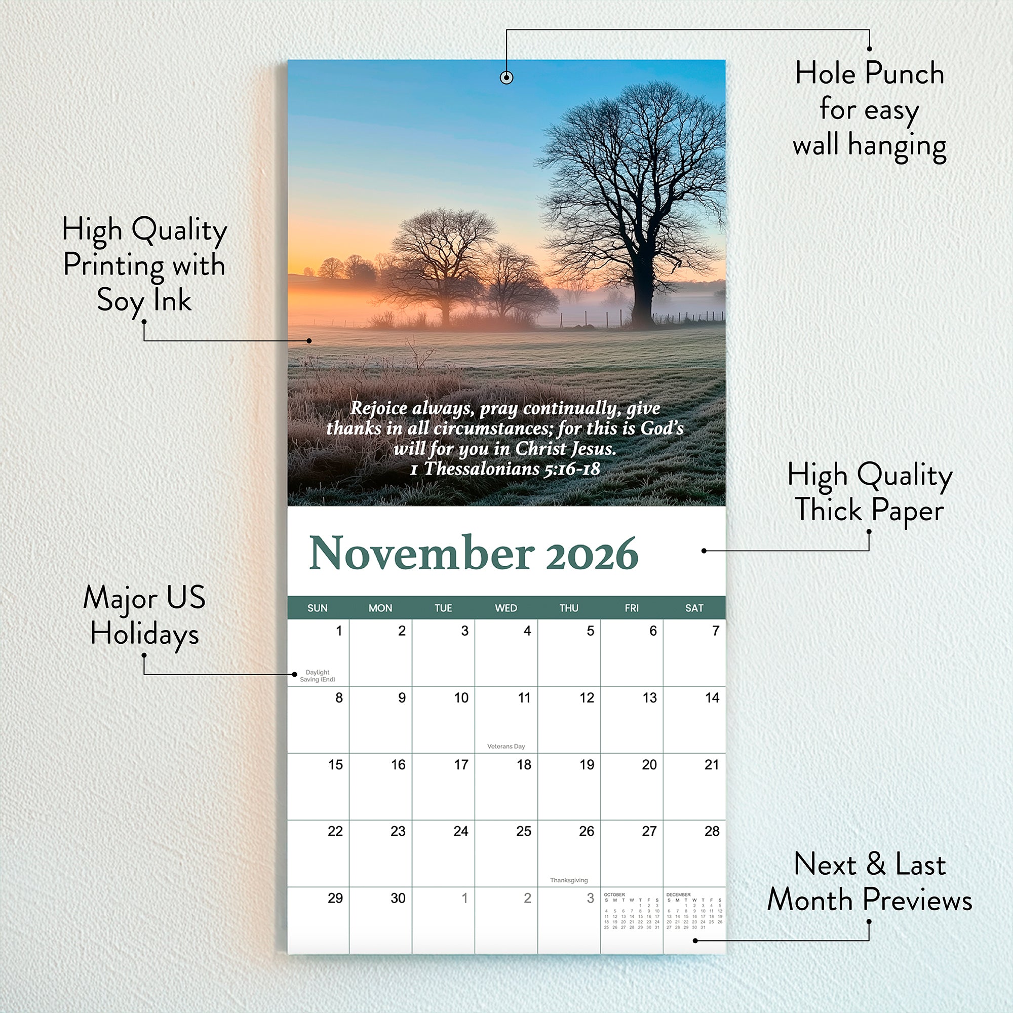 The 2026 Religious Wall Calendar by HannahFaithstore showcases scenic landscapes, inspiring Bible verses, highlighted holidays, monthly previews, notes sections, quality printing and paper, and an easy-to-hang design. Opens to November 2026.