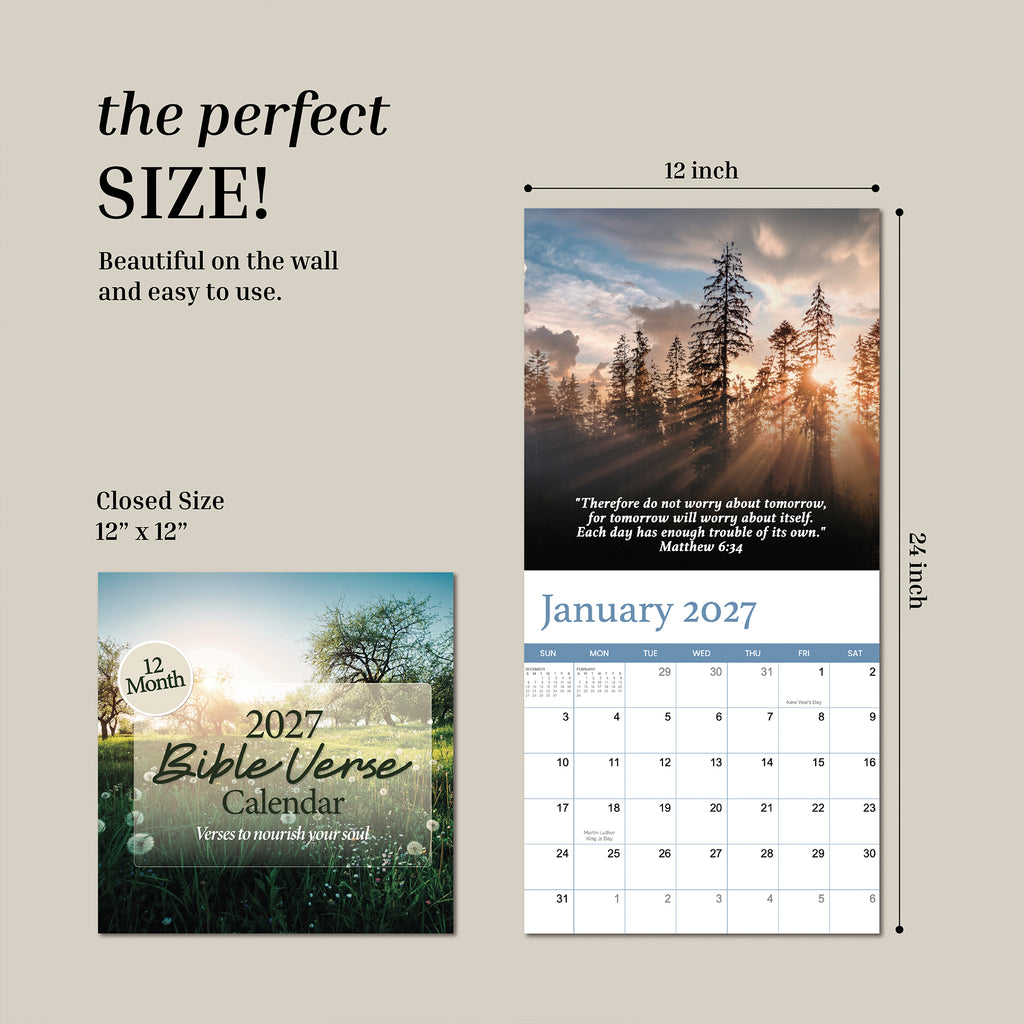 The 2027 Religious Wall Calendar by HannahFaithstore is displayed closed at 12x12 inches and open at 12x24 inches, featuring a sample January 2027 page with a beautiful nature photo and an inspiring Bible verse. Thoughtfully designed, this faith-based calendar makes an ideal gift and will encourage you year-round with uplifting scripture and stunning imagery.