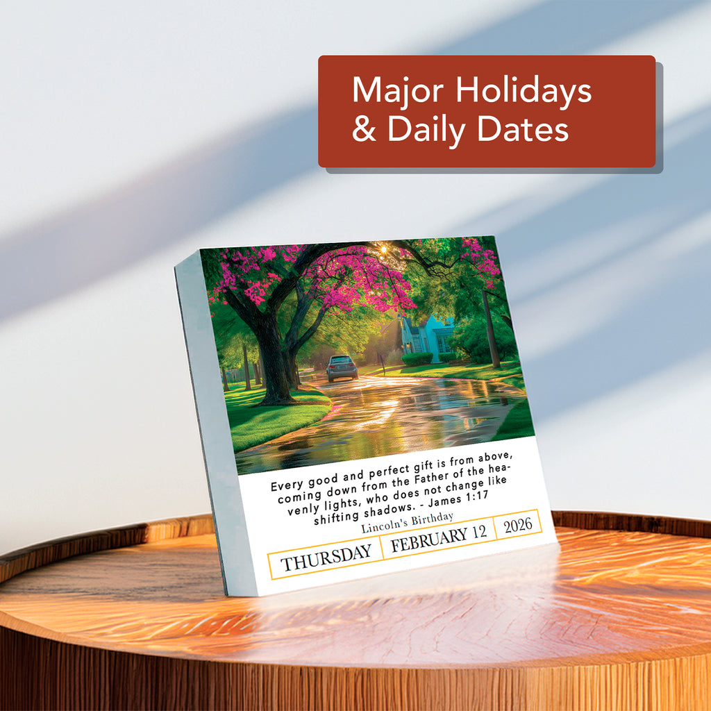 The HannahFaithstore 2026 A Verse A Day Calendar shows February 12, 2026, with a Bible verse, a tree-lined street image, and the label "Major Holidays & Daily Dates.