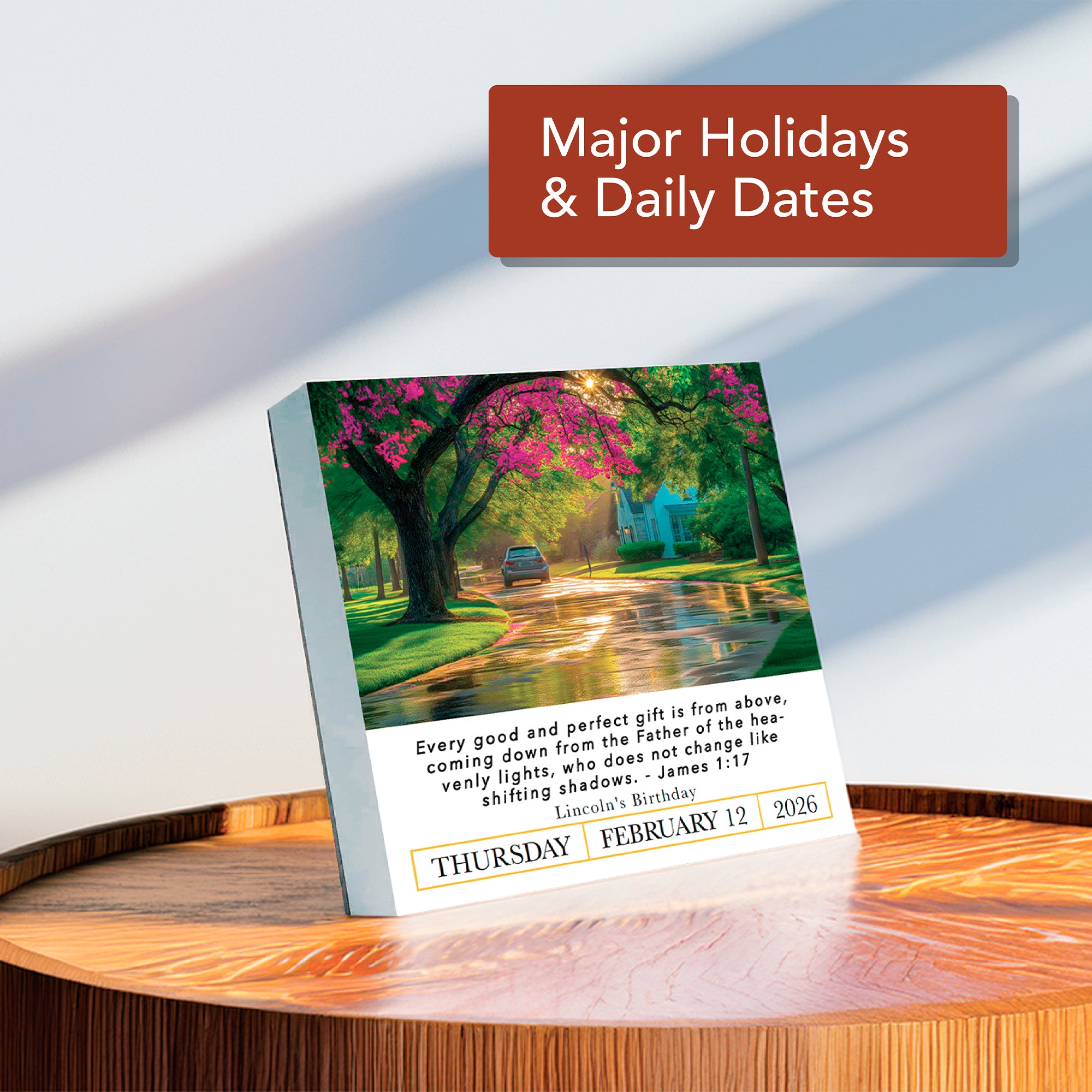 The HannahFaithstore 2026 A Verse A Day Calendar shows February 12, 2026, with a Bible verse, a tree-lined street image, and the label "Major Holidays & Daily Dates.