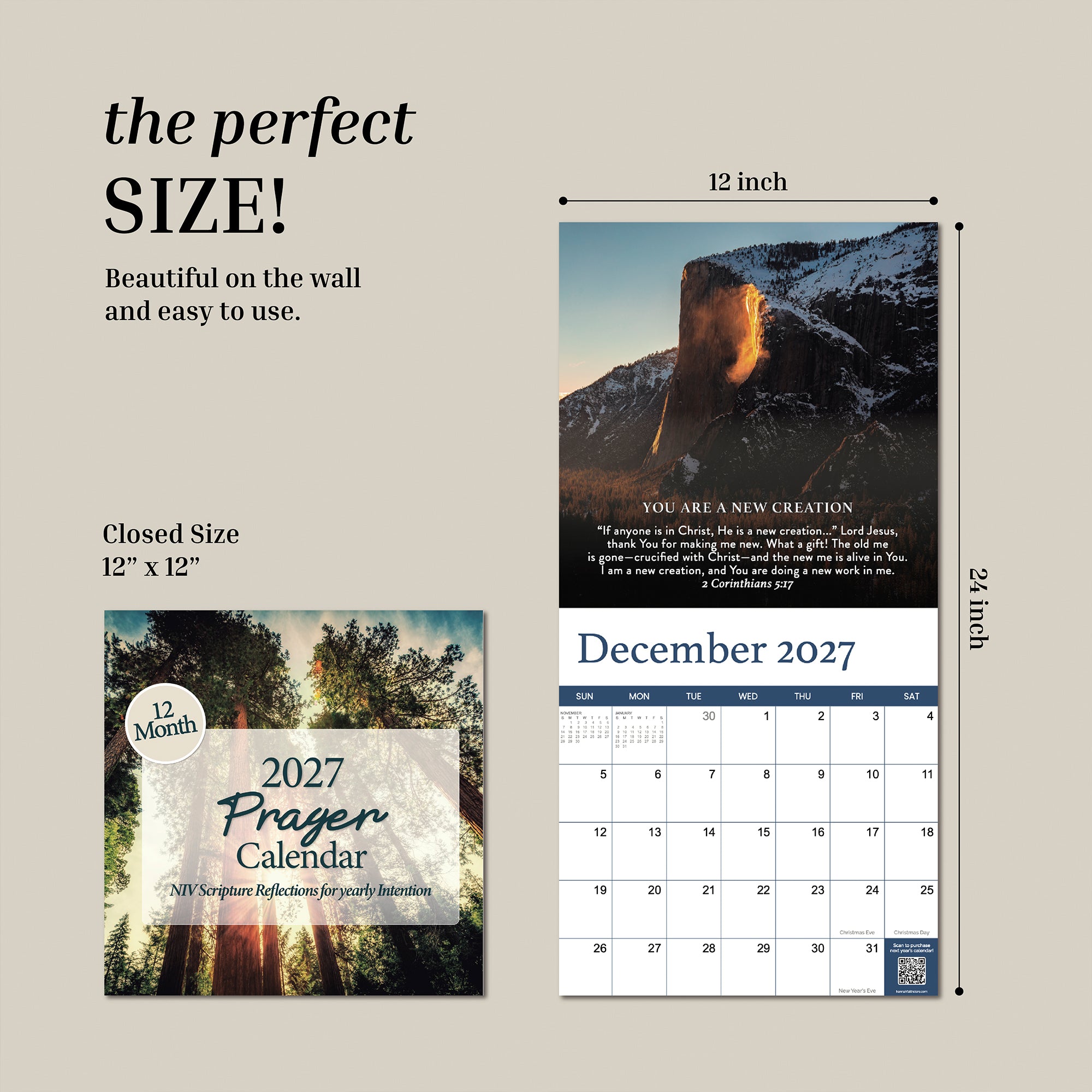 The 2027 Prayer Wall Calendar by HannahFaithstore is displayed both open (12x24 inches) and closed (12x12 inches); this inspiring wall calendar showcases a monthly grid and stunning nature photography paired with scripture, making it the perfect Bible verse calendar or thoughtful faith-based gift.