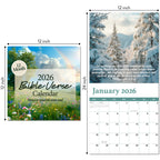 The 2026 Religious Wall Calendar by HannahFaithstore features a floral cover, open January page with Bible verse and snowy landscape, plus a monthly grid; measures 12x12 and 12x24 inches—ideal as a faith-based gift.