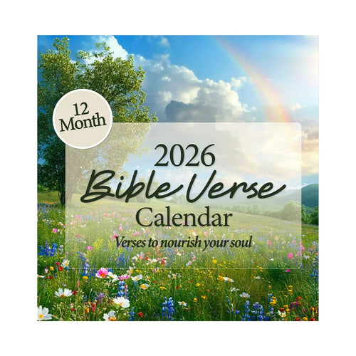 The 2026 Religious Wall Calendar by HannahFaithstore features a wildflower meadow, trees, blue sky, and rainbow on its cover. This faith-based gift offers a 12-month duration with nourishing Bible verses for inspiration.