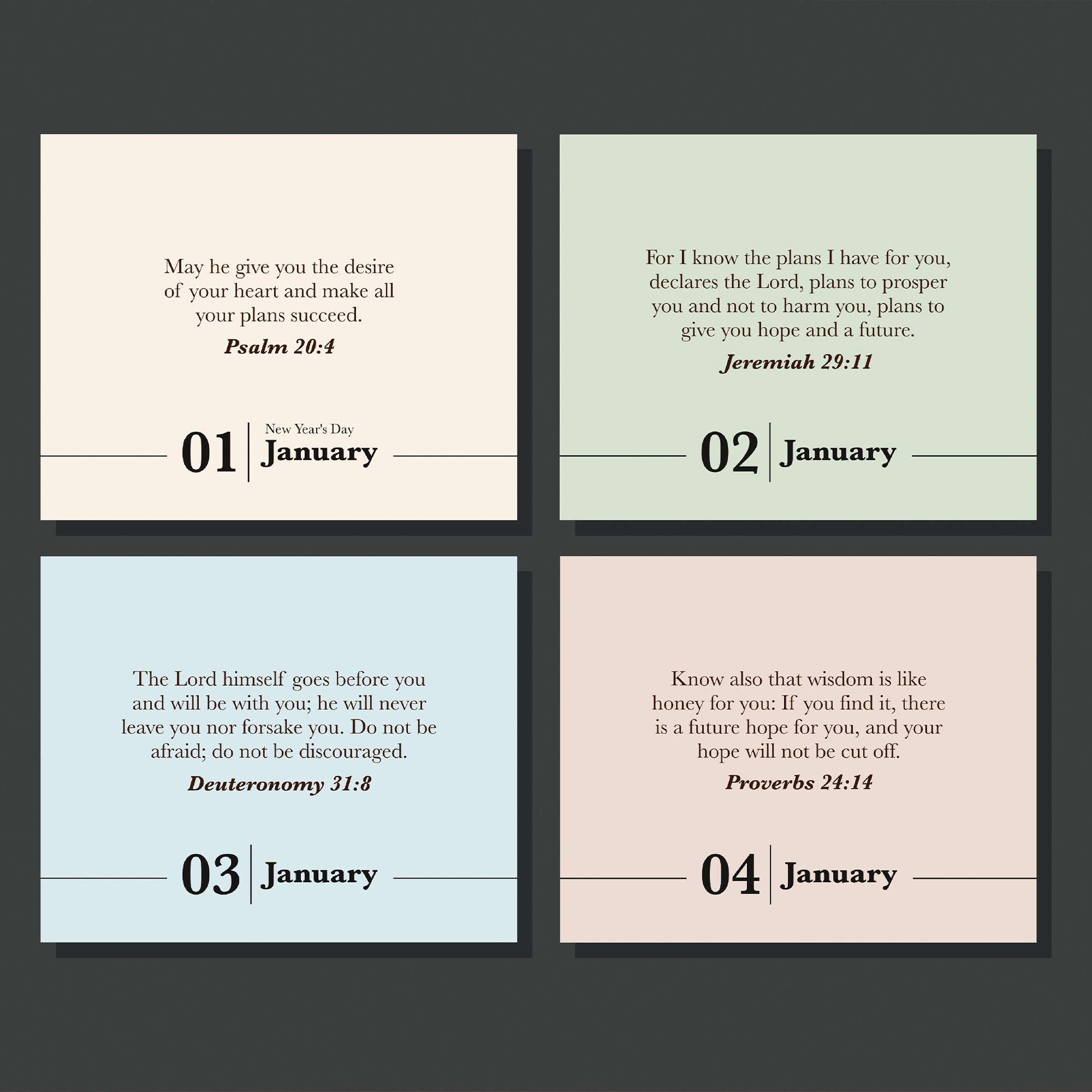 The HannahFaithstore Religious Perpetual Calendar features four square cards with Bible verses, dates, and months from January 1st to 4th in pastel colors on a dark background.