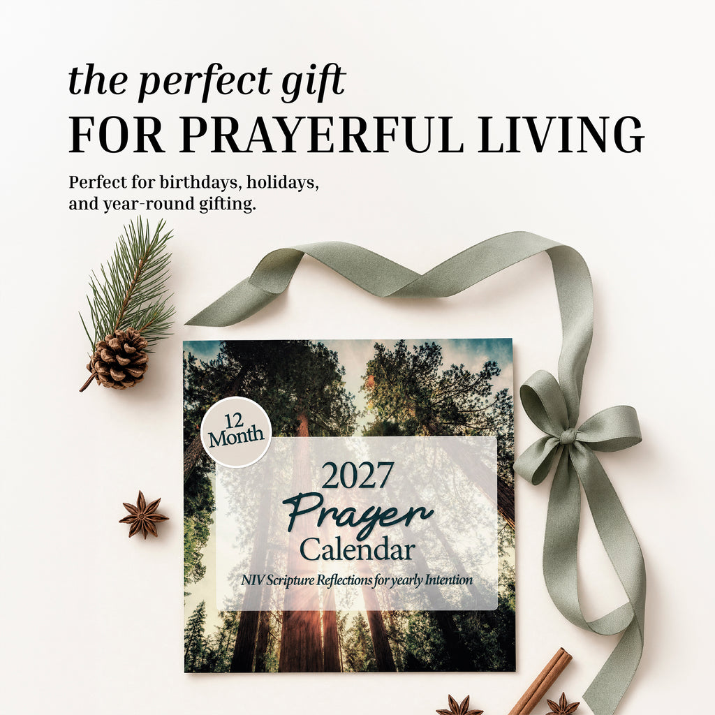 The 2027 Prayer Wall Calendar by HannahFaithstore features a tree-themed cover, green ribbon, pinecone, and star anise on a light background—making this faith-based gift perfect for birthdays and holidays.