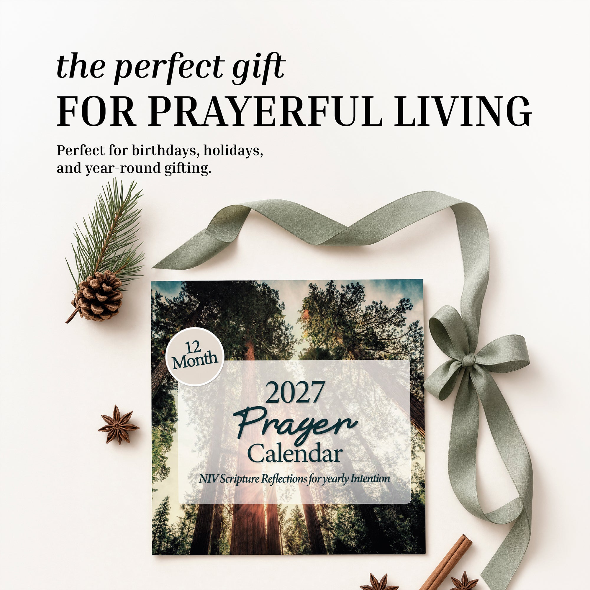 The 2027 Prayer Wall Calendar by HannahFaithstore features a tree-themed cover, green ribbon, pinecone, and star anise on a light background—making this faith-based gift perfect for birthdays and holidays.