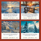 The 2026 A Verse A Day Calendar by HannahFaithstore features January pages with winter landscapes, Bible verses for Thursday to Sunday, and art of snowy scenes, trees, a house, and a wooden bridge.
