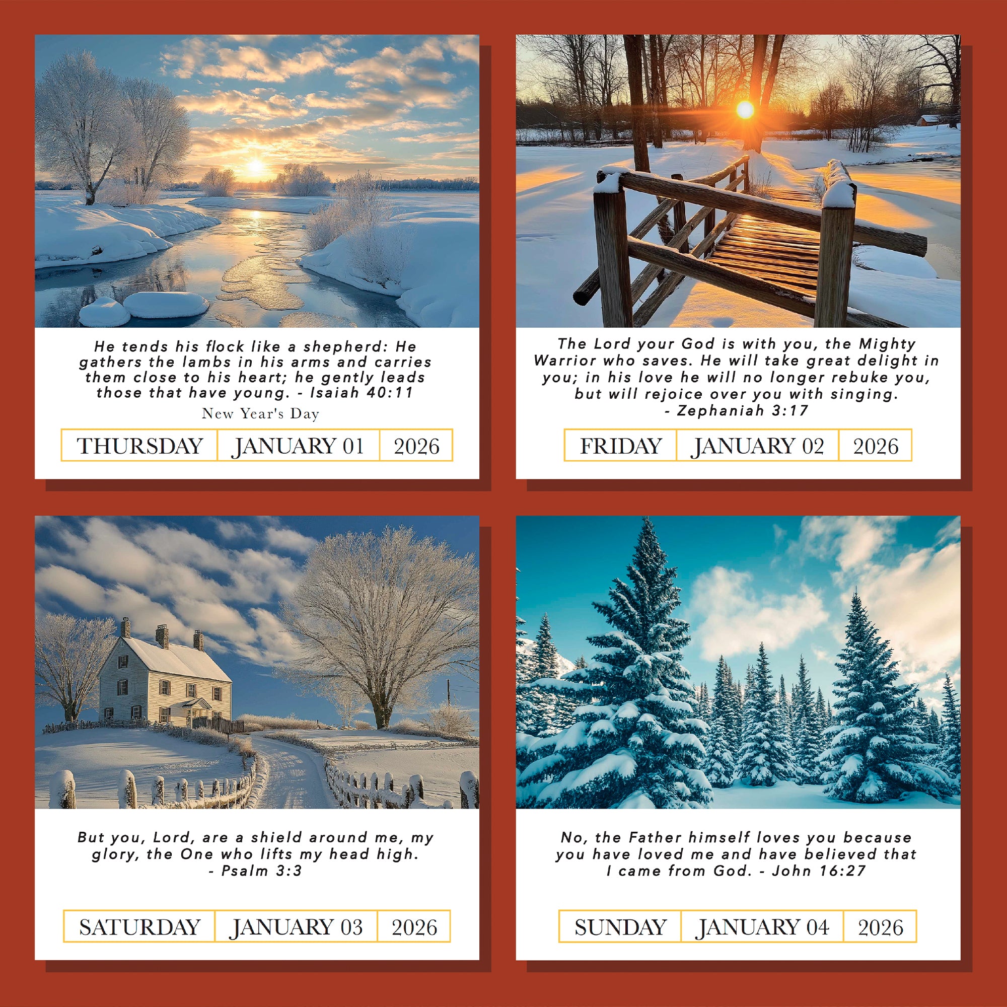 The 2026 A Verse A Day Calendar by HannahFaithstore features January pages with winter landscapes, Bible verses for Thursday to Sunday, and art of snowy scenes, trees, a house, and a wooden bridge.
