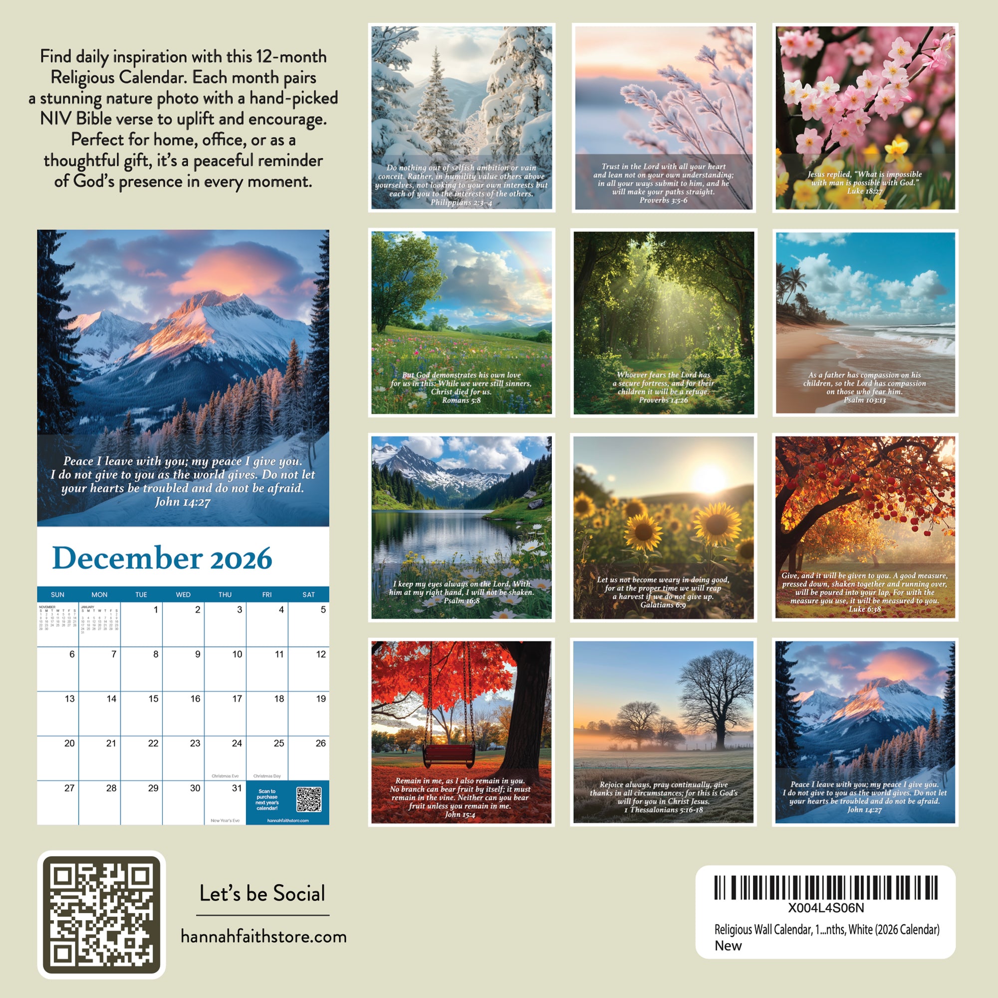 The 2026 Religious Wall Calendar by HannahFaithstore showcases scenic nature photos each month, with a December page featuring an inspiring Bible verse—making it a perfect faith-based gift for any occasion.