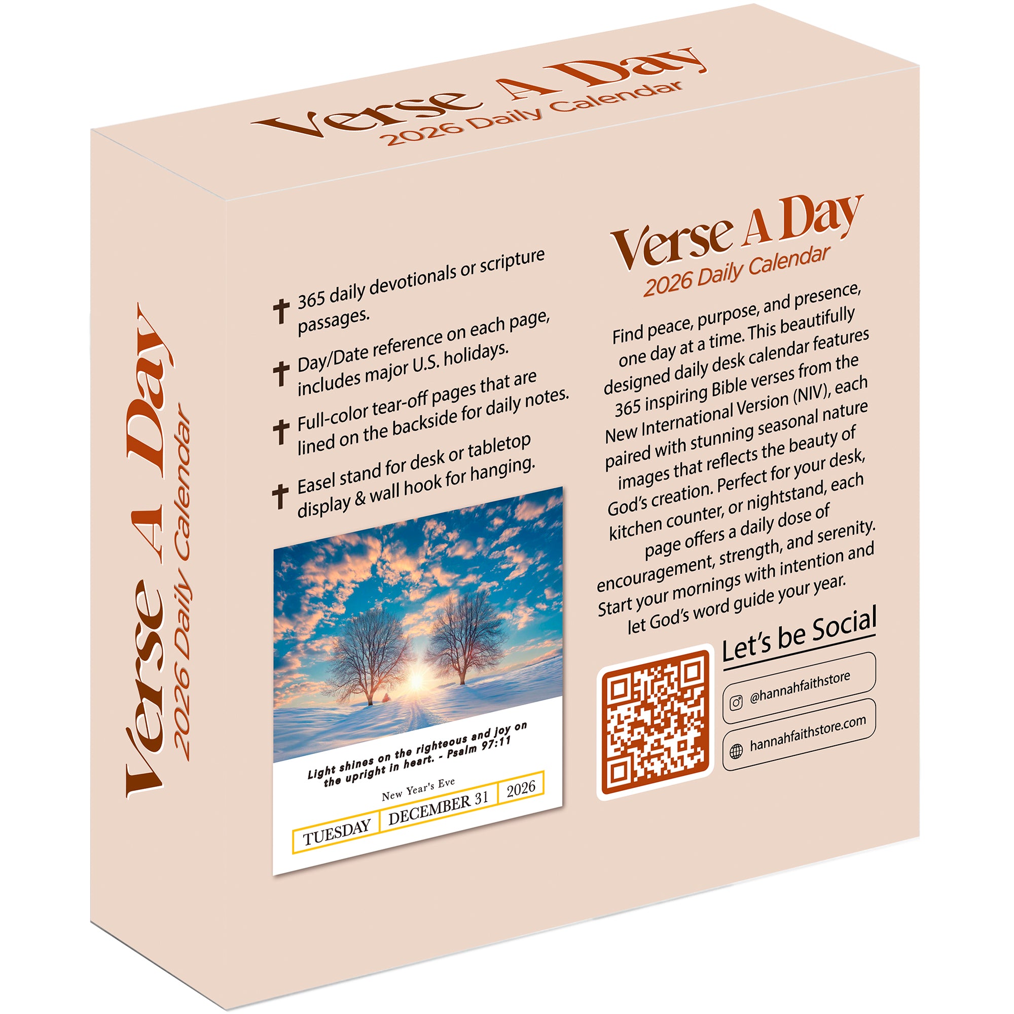 Box for '2026 A Verse A Day Calendar' by HannahFaithstore includes features list, social media handles, a sample page, and a cover image showing a tree against a sunset background.