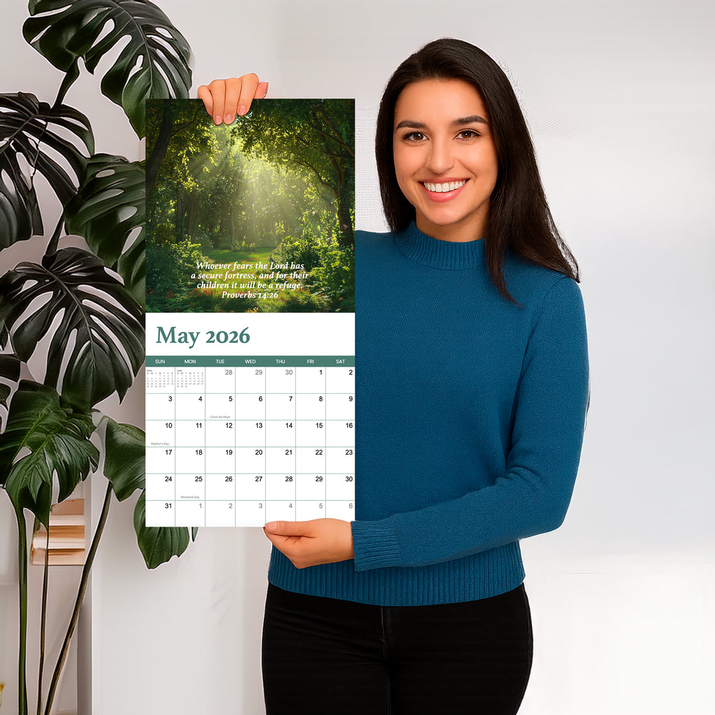 A woman in a blue sweater holds up a HannahFaithstore 2026 Religious Wall Calendar with a forest photo and Proverbs 3:6 above the dates—making it an ideal faith-based gift.