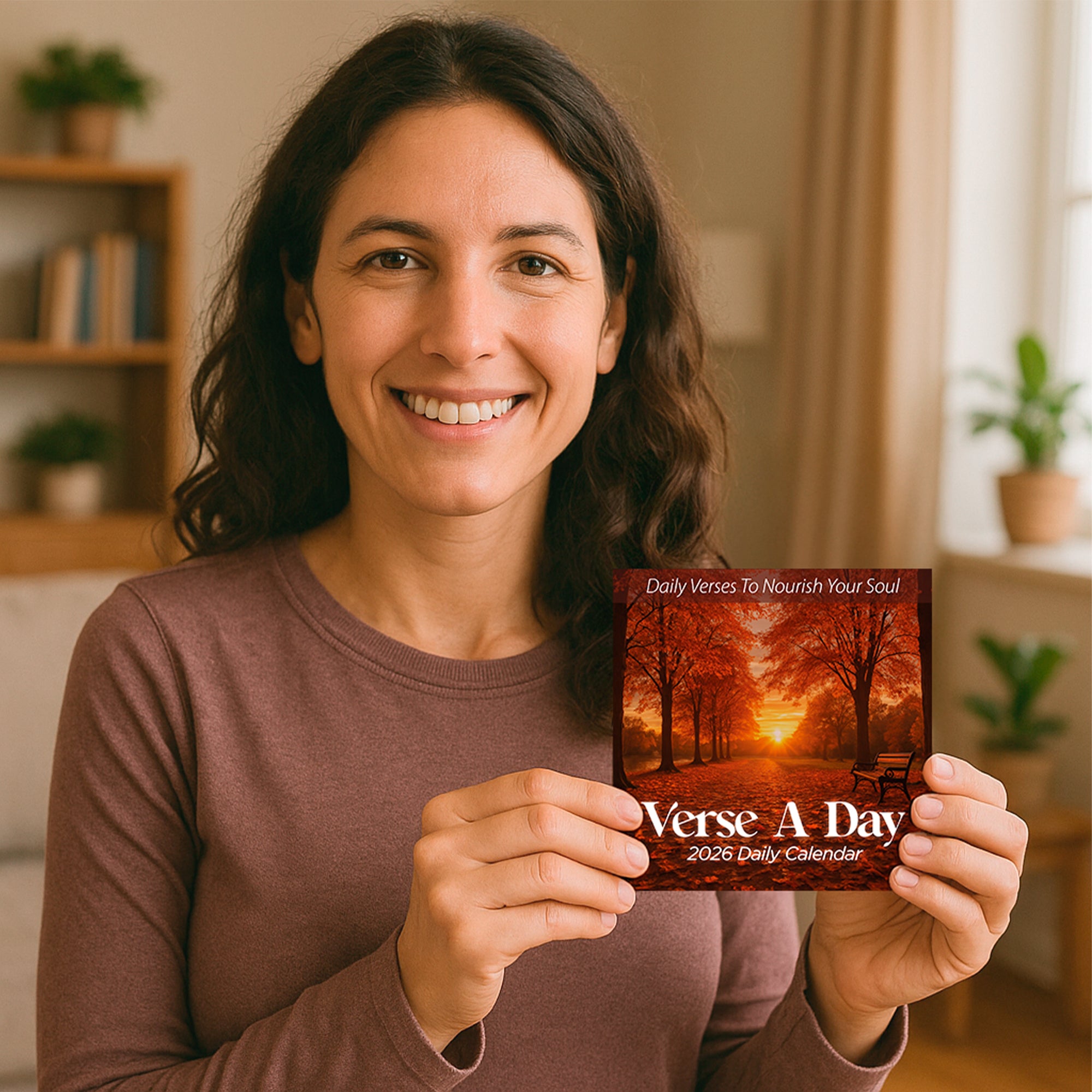 A woman smiles while holding a "2026 A Verse A Day Calendar" from HannahFaithstore, featuring an autumn scene on the cover.
