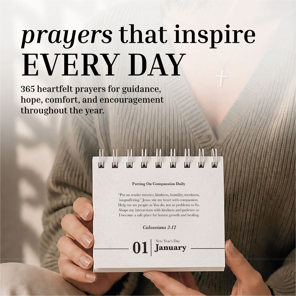 A person holds a cross necklace and has the HannahFaithstore Perpetual Prayer A Day Calendar open to January 1, featuring prayers for guidance, hope, and encouragement.