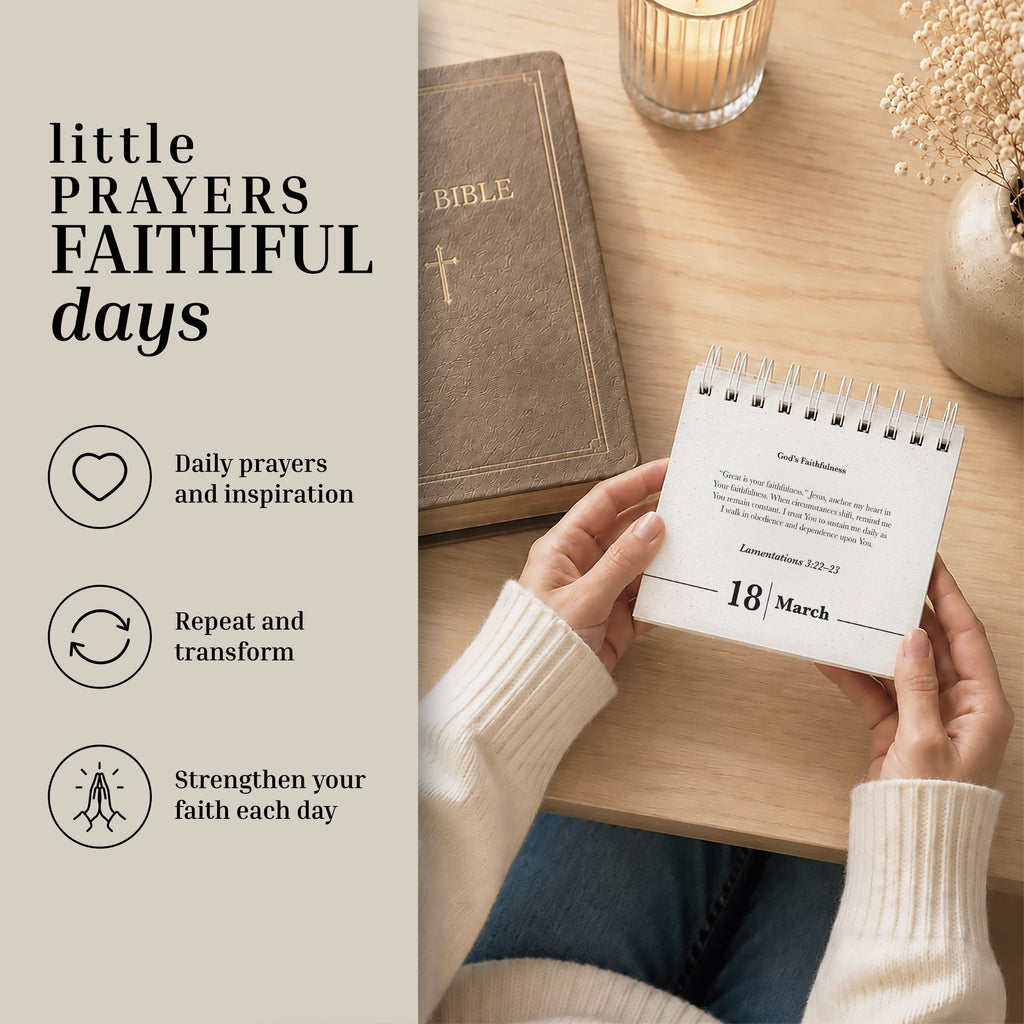 A person holding the HannahFaithstore Perpetual Prayer A Day Calendar beside a Bible on a table, surrounded by text highlighting daily prayers, personal transformation, and strengthening faith every day.
