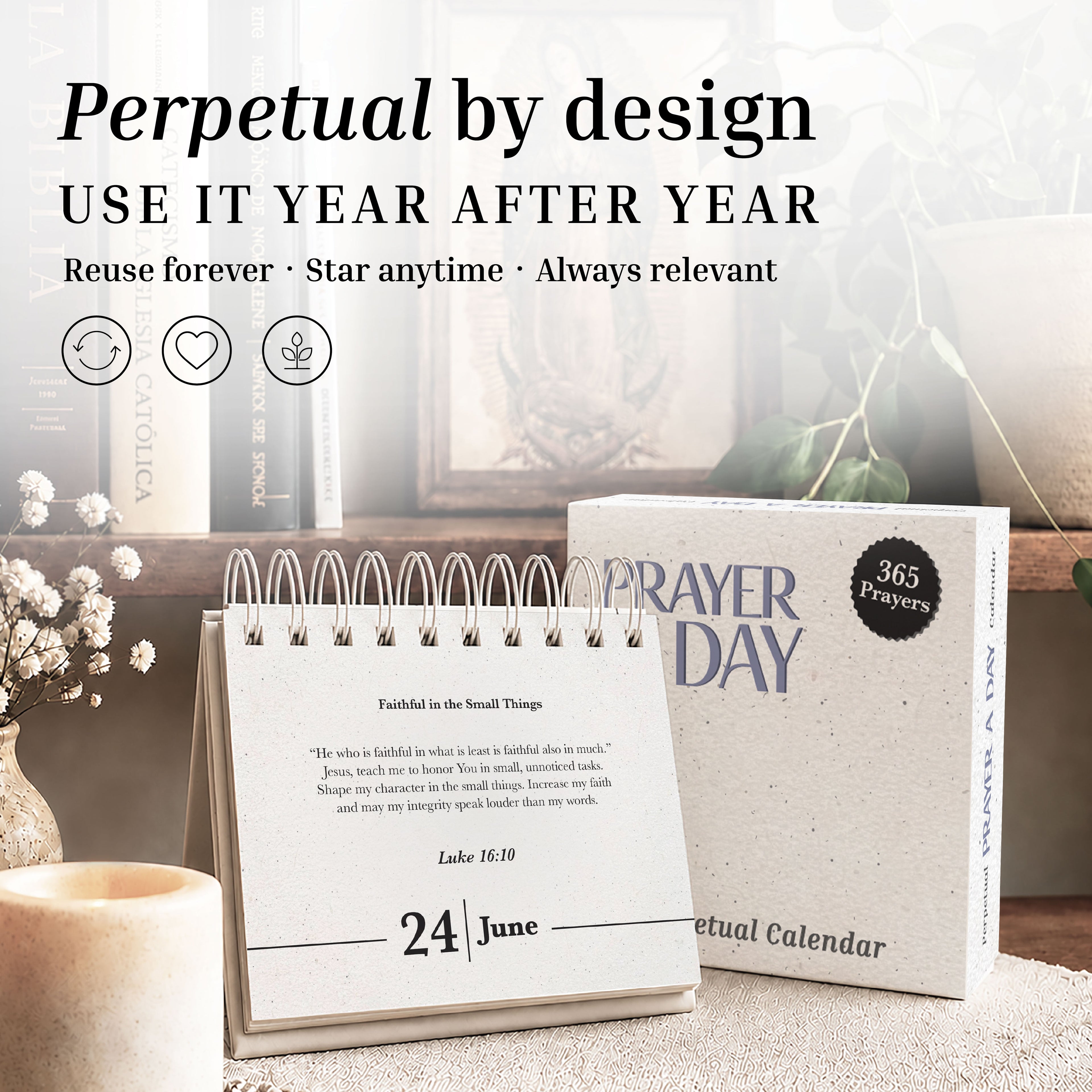 The Perpetual Prayer A Day Calendar by HannahFaithstore sits on a desk near a vase and books, open to June 24 with the Bible verse Luke 16:10. Its box and icons emphasize the reusable, timeless design.