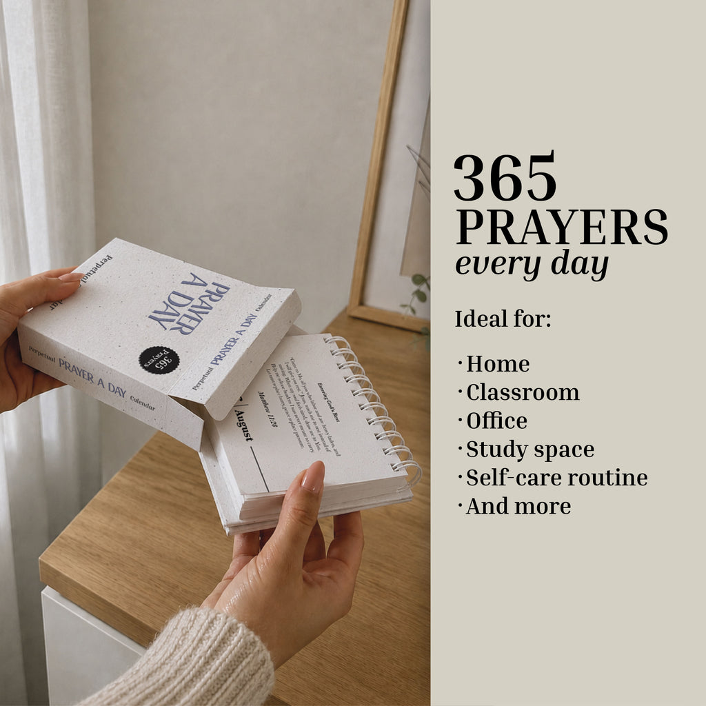 A person holds a "Perpetual Prayer A Day Calendar" by HannahFaithstore beside a desk, with text highlighting its versatile uses for the home, classroom, office, study space, self-care routines, and more.