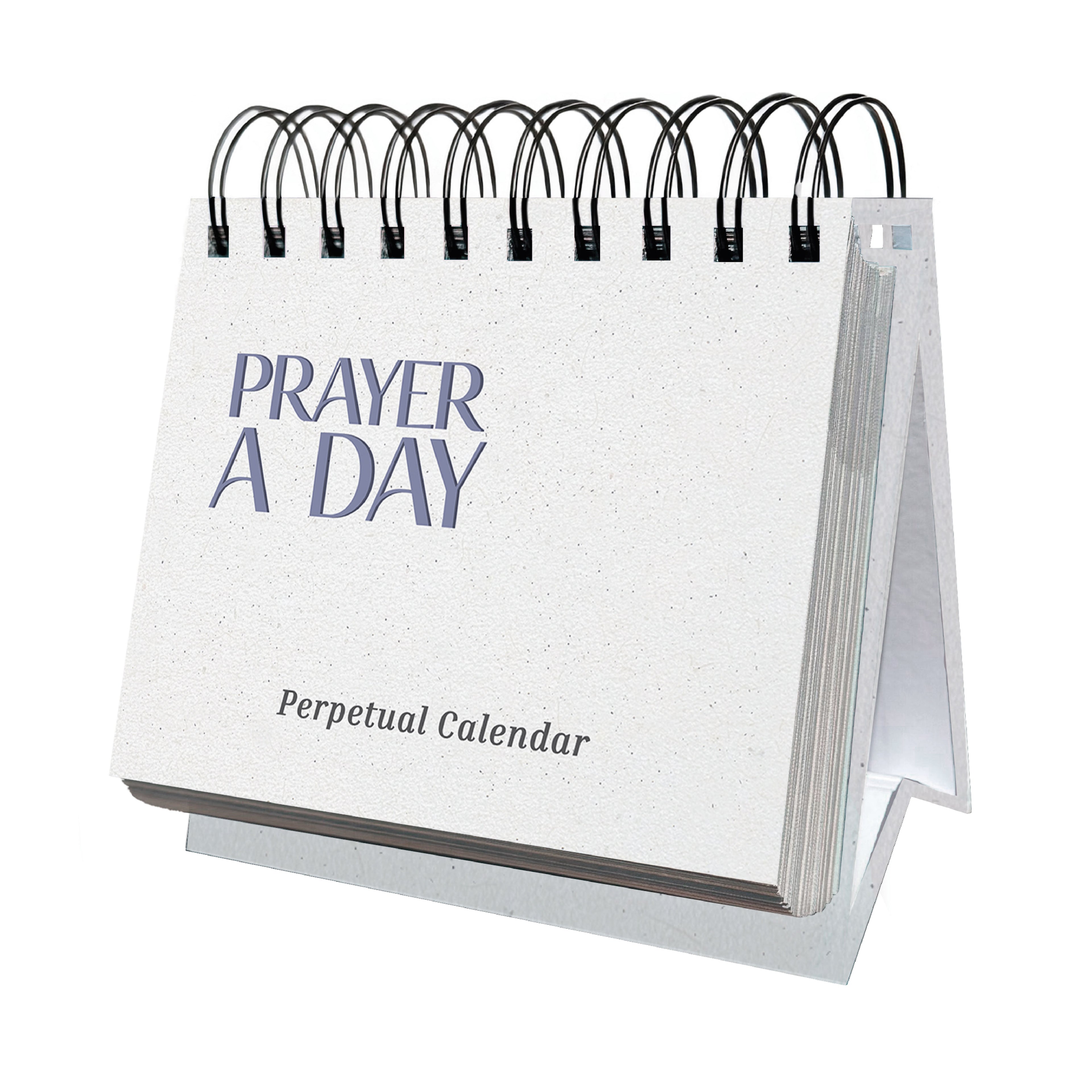A white spiral-bound "Perpetual Prayer A Day Calendar" by HannahFaithstore is displayed standing on a desk.