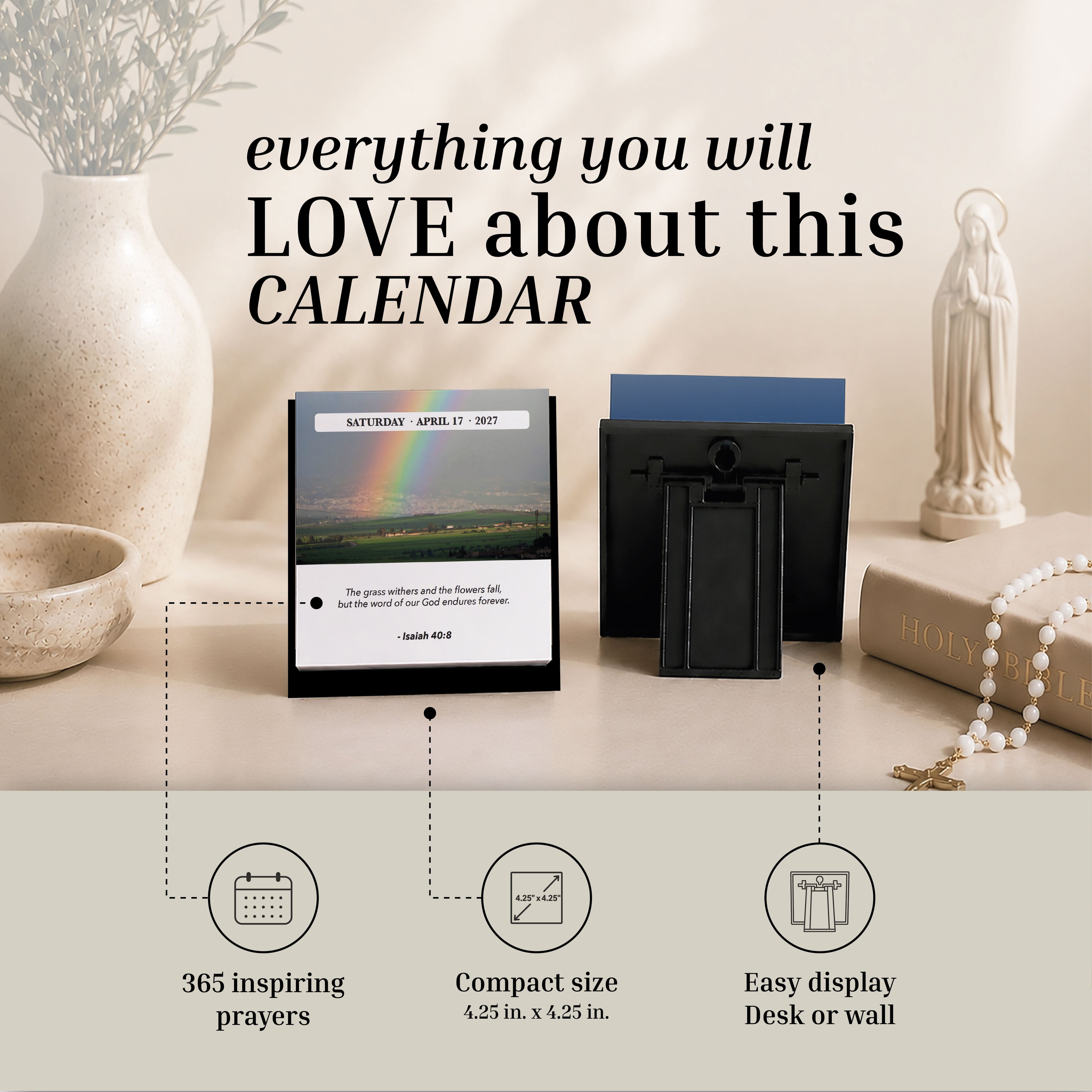 The 2027 A Verse A Day Calendar by HannahFaithstore is shown on a table with a vase, book, and rosary. This compact calendar offers 365 prayers for daily inspiration and can be conveniently displayed on your desk or wall.