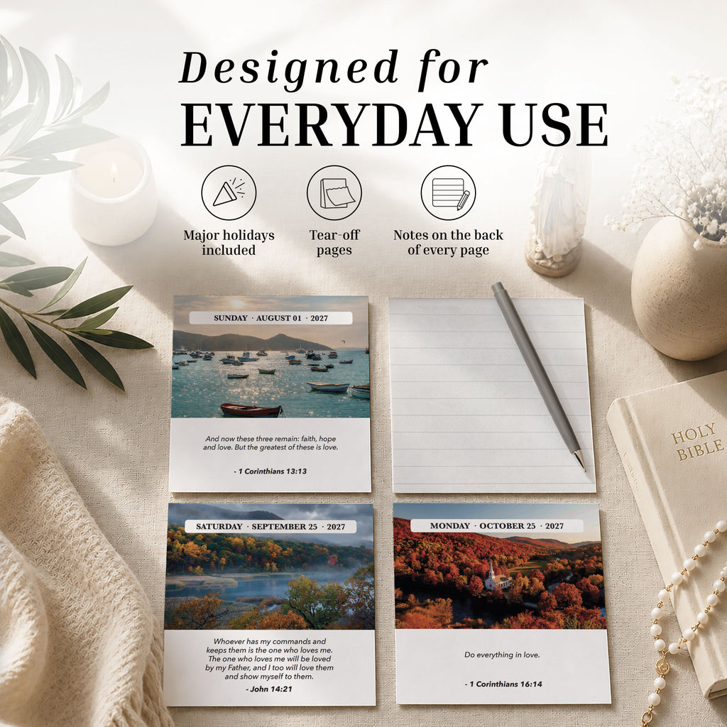 Three tear-off daily pages from the 2027 A Verse A Day Calendar by HannahFaithstore, each featuring a Bible verse, along with a lined notes page and a Holy Bible on a beige table. This mindfulness calendar from HannahFaithstore offers daily inspiration through Scripture, highlights holidays, features easy tear-off pages, and provides space for mindful notes on the back of each page.