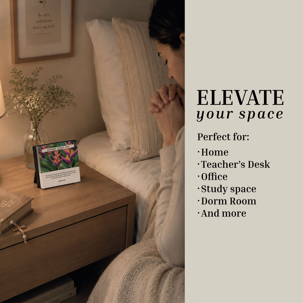 A woman sits on a bed with hands clasped, facing the 2027 A Verse A Day Calendar by HannahFaithstore displayed on a nightstand; accompanying text highlights ideal spaces for the calendar, such as home, office, and study areas.